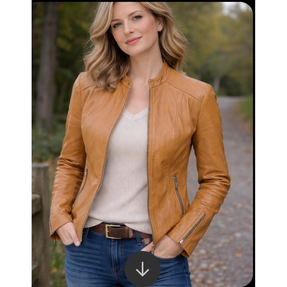 Black Rivet Women's Tan Leather Moto Jacket Zip‎ Detail Racer Collar
